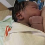 Newborn a few hours old at the breast