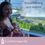 mother breastfeeding her child on a train. Text: Breastfeeding and Autism.
